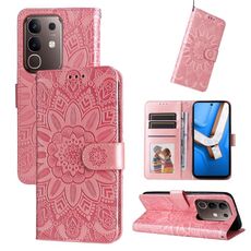 Per vivo Y29 4G Custodia per telefono in pelle con motivo girasole in rilievo (oro rosa)