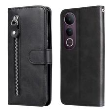 Per vivo V50 Lite 4G / 5G Custodia per telefono in pelle con cerniera e texture di vitello alla moda (nero)