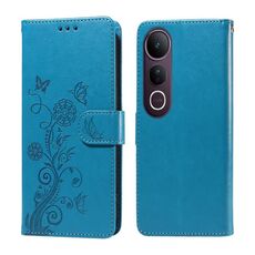 Per vivo V50 Lite 4G / 5G Custodia in pelle con motivo a farfalla e fiori in rilievo (blu)