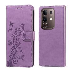 Per vivo Y29 4G Custodia in pelle con fiori di farfalla in rilievo (viola)