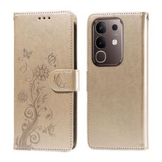 Per vivo Y29 4G Custodia in pelle con fiori di farfalla in rilievo (oro)