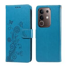 Per vivo Y29 4G Custodia in pelle con motivo a farfalla e fiori in rilievo (blu)