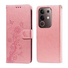 Per vivo Y29 4G Custodia in pelle con motivo a farfalla in rilievo e fiori (oro rosa)