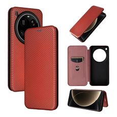Per Xiaomi 15 Ultra Custodia in Pelle Flip con Texture in Fibra di Carbonio (Marrone)