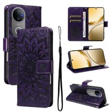 Per vivo V50 5G Custodia per telefono in pelle con motivo a girasole in rilievo globale (viola)