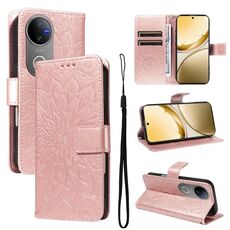 Per vivo V50 5G Custodia per telefono in pelle con motivo a girasole in rilievo globale (oro rosa)