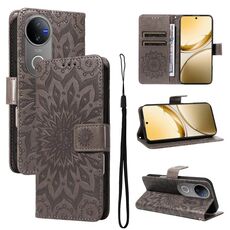Per vivo V50 5G Custodia per telefono in pelle con motivo a girasole in rilievo globale (grigio)