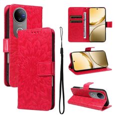 Per vivo V50 5G Custodia per telefono in pelle con motivo a girasole in rilievo globale (rosso)