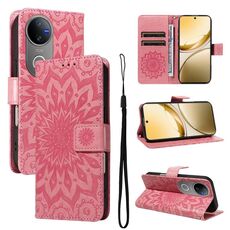 Per vivo V50 5G Custodia per telefono in pelle con motivo a girasole in rilievo globale (rosa)