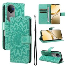 Per vivo V50 5G Custodia per telefono in pelle con motivo a girasole in rilievo globale (verde)