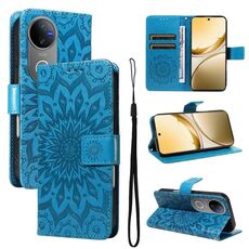 Per vivo V50 5G Custodia per telefono in pelle con motivo a girasole in rilievo globale (blu)