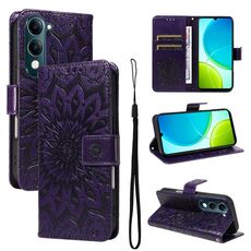 Per vivo Y29S 5G / Y04 Custodia in pelle con motivo a girasole in rilievo (viola)