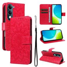 Per vivo Y29S 5G / Y04 Custodia in pelle con motivo a girasole in rilievo (rosso)