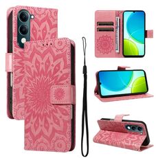 Per vivo Y29S 5G / Y04 Custodia in pelle con motivo a girasole in rilievo (rosa)