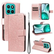 Per Honor X8C 4G Custodia per telefono in pelle con motivo a girasole in rilievo globale (oro rosa)
