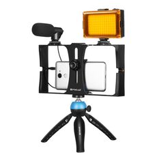 PULUZ 4 in 1 Vlogging Live Broadcast LED Selfie Light Smartphone Kit video rig con microfono + supporto per treppiede + testa per treppiede a scarpa fredda per iPhone, Galaxy, Huawei, Xiaomi, HTC, LG, Google e altri smartphone (blu)
