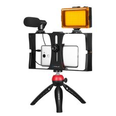 PULUZ 4 in 1 Vlogging Live Broadcast LED Selfie Light Smartphone Kit video rig con microfono + supporto per treppiede + testa per treppiede cold shoe per iPhone, Galaxy, Huawei, Xiaomi, HTC, LG, Google e altri smartphone (rosso)