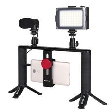 PULUZ 4 in 1 Vlogging Live Broadcast LED Selfie Light Smartphone Video Rig Manico Stabilizzatore Kit staffa in alluminio con microfono + Supporto treppiede + Testa treppiede Cold Shoe