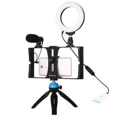 PULUZ 4 in 1 Vlogging Live Broadcast Smartphone Video Rig + Kit di luci per selfie a LED con anello da 12 cm da 4,7 pollici con microfono + supporto per treppiede + testa per treppiede a scarpa fredda per iPhone, Galaxy, Huawei, Xiaomi, HTC, LG, Google e altri smartphone (blu)