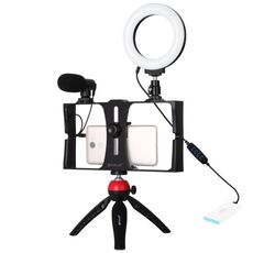 PULUZ 4 in 1 Vlogging Live Broadcast Smartphone Video Rig + Kit di luci per selfie a LED con anello da 12 cm da 4,7 pollici con microfono + Supporto per treppiede + Testa per treppiede a scarpa fredda per iPhone, Galaxy, Huawei, Xiaomi, HTC, LG, Google e altri smartphone (rosso)