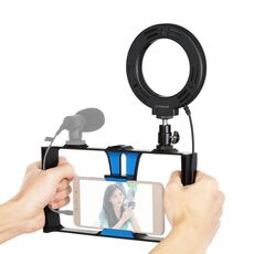 PULUZ 2 in 1 Vlogging Live Broadcast Smartphone Video Rig + Kit di luci per selfie a LED da 12 cm con anello da 4,7 pollici con testa per treppiede a scarpa fredda per iPhone, Galaxy, Huawei, Xiaomi, HTC, LG, Google e altri smartphone (blu)