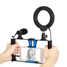 PULUZ 3 in 1 Vlogging Live Broadcast Smartphone Video Rig + Microfono + 4.7 pollici 12cm Ring LED Selfie Light Kit con testa treppiede Cold Shoe per iPhone, Galaxy, Huawei, Xiaomi, HTC, LG, Google e altri smartphone (blu)