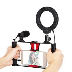 PULUZ 3 in 1 Vlogging Live Broadcast Smartphone Video Rig + Microfono + 4.7 pollici 12cm Ring LED Selfie Light Kit con testa treppiede Cold Shoe per iPhone, Galaxy, Huawei, Xiaomi, HTC, LG, Google e altri smartphone (rosso)