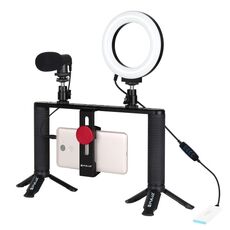Pulluz 4 in 1 Vlogging trasmissione in diretta da 4,7 pollici Ding 12 cm LED Selfie Light Smartphone Video Rig Impugnatura Stabilizzatore Stabilizzatore Staffatore in alluminio Kit con microfono + Treppiede Mount + Cold Shoe Treppied Head