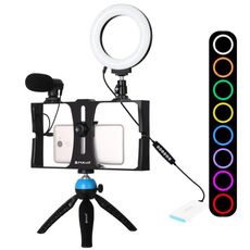 PULUZ 4 in 1 Vlogging Live Broadcast Smartphone Video Rig + 4.7 pollici 12cm RGBW Anello LED Selfie Light + Microfono + Kit di montaggio per treppiede tascabile con testa per treppiede a scarpa fredda (blu)
