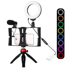 PULUZ 4 in 1 Vlogging Live Broadcast Smartphone Video Rig + 4.7 pollici 12cm RGBW Anello LED Selfie Light + Microfono + Kit di montaggio per treppiede tascabile con testa per treppiede a scarpa fredda (rosso)