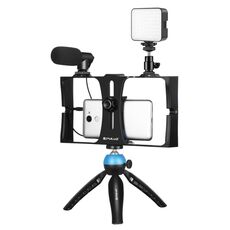 PULUZ 4 in 1 Vlogging Live Broadcast LED Selfie Fill Light Kit video rig per smartphone con microfono + supporto per treppiede + testa per treppiede a scarpa fredda per iPhone, Galaxy, Huawei, Xiaomi, HTC, LG, Google e altri smartphone (blu)