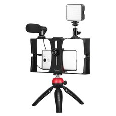 PULUZ 4 in 1 Vlogging Live Broadcast LED Selfie Fill Light Smartphone Kit video rig con microfono + supporto per treppiede + testa per treppiede a scarpa fredda per iPhone, Galaxy, Huawei, Xiaomi, HTC, LG, Google e altri smartphone (rosso)