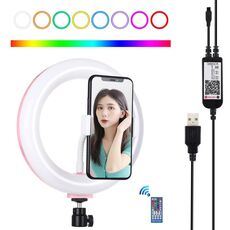 PULUZ 7,9 pollici 20 cm USB RGB dimmerabile LED Doppia temperatura colore LED Anello luminoso curvo Vlogging Selfie Fotografia Luci video con morsetto per telefono (rosa)