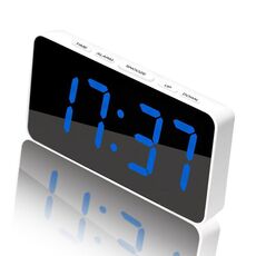 Orologio digitale a specchio a LED con porta di ricarica di tipo C e vano batteria 18650 (batteria non inclusa) (bianco + blu)