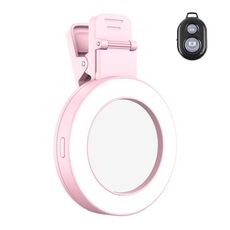 Specchio per selfie posteriore pieghevole con clip per cellulare, colore: rosa con telecomando