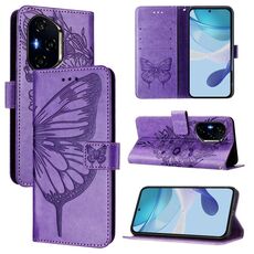 Custodia in pelle con motivo a farfalla in rilievo per Honor 400 (viola)