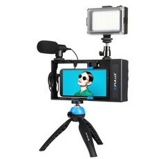 Pulluz 4 in 1 Bluetooth Palmare a palmare Vlogging Vlogging Live Broadcast LED Selfie Light Smartphone Video Rig Kit con microfono + Treppiede Mount + Cold Shoe Treppiede Testa per iPhone, Galaxy, Huawei, Xiaomi, HTC, LG, Google e altri smartphone (blu)