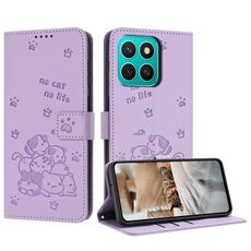 Per Honor X8c 4G Custodia in pelle con motivo a gattino in rilievo con cordino (viola)