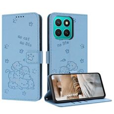 Per Honor X8c 4G Custodia in pelle con motivo a gattino in rilievo con cordino (blu)