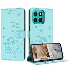 Per Honor X8c 4G Custodia in pelle con motivo a gattino in rilievo con cordino (verde menta)
