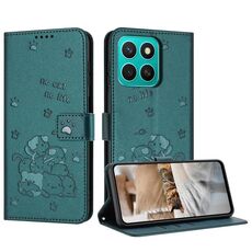 Per Honor X8c 4G Custodia in pelle con motivo a gattino in rilievo con cordino (verde scuro)