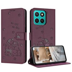 Per Honor X8c 4G Custodia in pelle con motivo a gattino in rilievo con cordino (rosso vino)