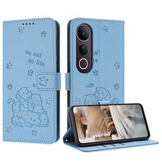 Per vivo V50 Lite Custodia in pelle con motivo a gattino in rilievo con cordino (blu)
