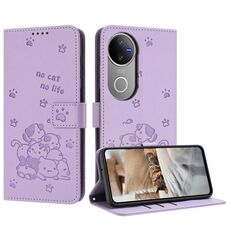 Per vivo V50 5G Custodia in pelle per telefono con motivo a gattino in rilievo globale con cordino (viola)