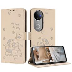 Per vivo V50 5G Custodia in pelle per telefono con motivo a gattino in rilievo globale con cordino (beige)