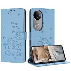 Per vivo V50 5G Custodia in pelle per telefono con motivo a gattino in rilievo globale con cordino (blu)