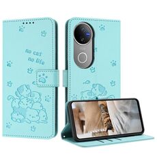 Per vivo V50 5G Custodia in pelle per telefono con motivo a gattino in rilievo globale con cordino (verde menta)
