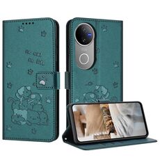 Per vivo V50 5G Custodia in pelle per telefono con motivo a gattino in rilievo globale con cordino (verde scuro)