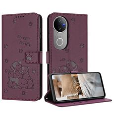 Per vivo V50 5G Custodia in pelle per telefono con motivo a gattino in rilievo globale con cordino (rosso vino)