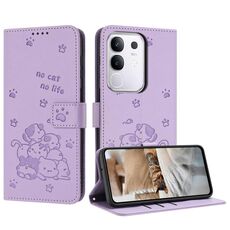 Per vivo Y29 4G Custodia in pelle con motivo a gattino in rilievo con cordino (viola)